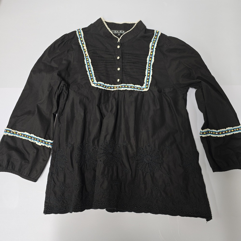 ZEBO‎ Black Eyelet Lace Trimmed Embroidered Blouse Top Size M